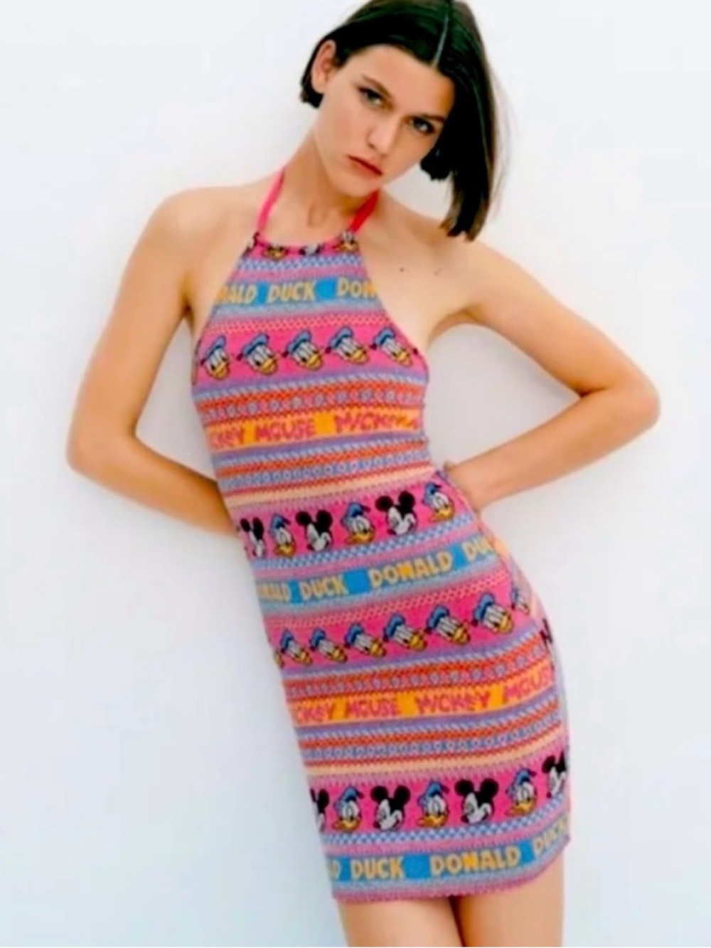 Zara Multicolor Knit Halter Top with Pink Trim